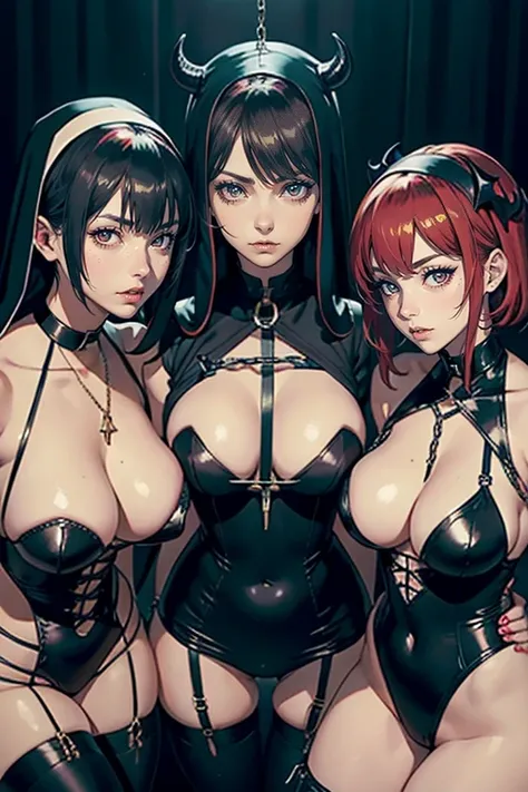 Dynamic shot, ((3 females)), A picture of 2 beautiful succubus girls and 1 sexy nun on a leash, ((2 demon girls and a nun)), nun, demons, beautiful demon girls, horror, dark, sexy, rough domination, domination, nun on a leash, bdsm, golden chains,(golden l...