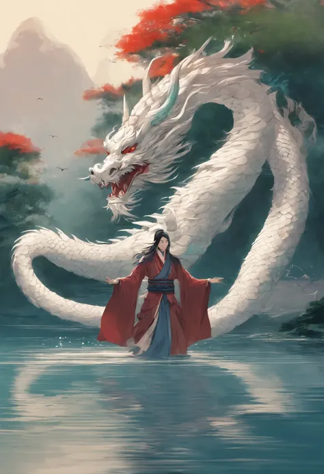 CG animation of silver white giant Chinesedragon swimming on the lake surface, thedragon huge and very long, An ancient Chinesewoman wearing red Hanfu, A circle of ripplesformed on the water surface, the woman holdinga sword in her hand, Drone perspective,...