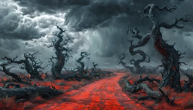 road to hell,dead trees,bloody red snake,heavy clouds,sinister,detailed matte painting,hyperdetailed charcoal drawing,oil painti...