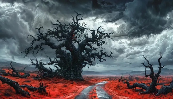 road to hell,dead trees,bloody red snake,heavy clouds,sinister,detailed matte painting,hyperdetailed charcoal drawing,oil painting by James Gurney,(best quality,4k,8k,highres,masterpiece:1.2),ultra-detailed,(realistic,photorealistic,photo-realistic:1.37),H...