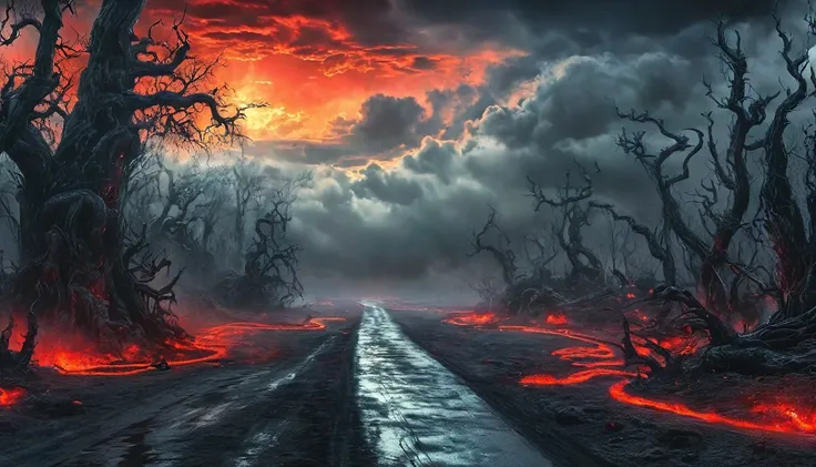 road to hell,dead trees,bloody red snake,heavy clouds,sinister,detailed matte painting,hyperdetailed charcoal drawing,oil painti...