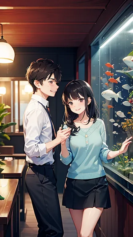 Couple in their 20s on a date, smile, aquarium, fashionable,