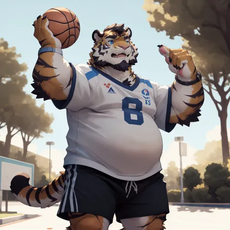 New Jersey 5 Furry,Tiger，portrait，Exquisite， Chubby，Fat，Thick arms，Rugged muscles，plush fur，Chubby脸，Black eyebrows，Sky blue eyes，Beard，t-shirt，shorts，Holding a basketball，in the sun，On campus path，tree shade