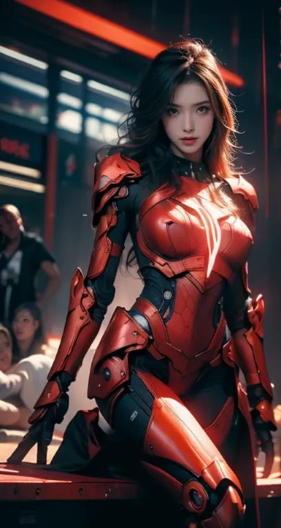 Realistic picture 8k,Masterpiece,Highest quality,Maximum details,anatomy,hips up,Complete dynamic composition,Bright natural light that is easy on the eyes,1 girl,alone,cyberpunk robot,red body,There are neon lights on the machinery.,Body Machinery,