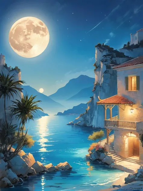 Romantic Aegean Sea，(Côte dAzur:1.3)，night，Backlight，(一男一女坐在Côte dAzur的沙滩上:1.4)，There is a big full moon behind，Alexander，Averin，Fresh colors，Soft colors，Diode light，Concept art style，Extremely complex details，Clear distinction between light and dark，Layer...