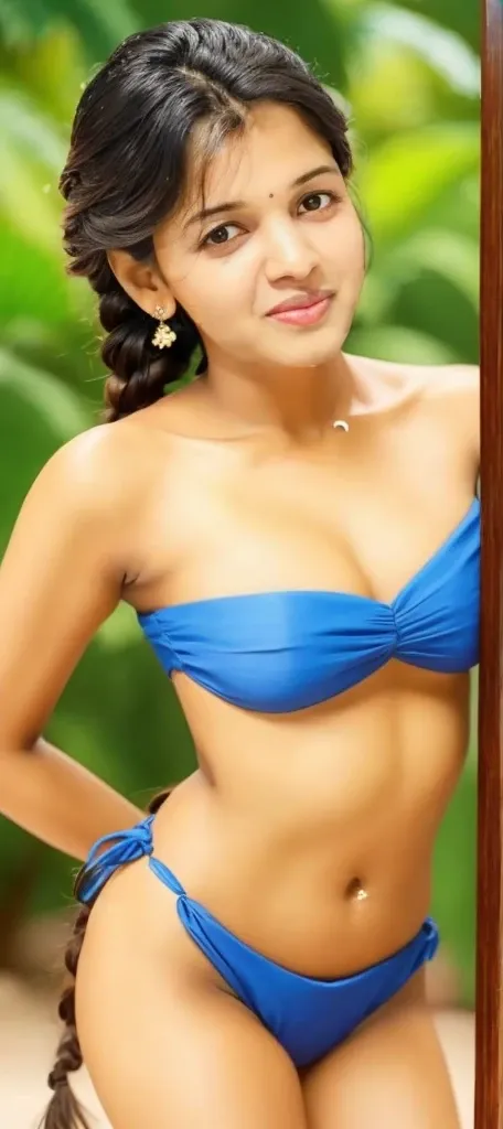 most beautiful Tamil girl sexy big  semi deep cleavage transparent strapless bikini++ long thick perfect braid hair style photorealistic sexy body standing sexy pose Tamil boy grabbing from behind detailed hyper realistic cinematic perfect body perfect nip...