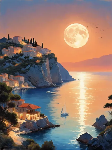 Romantic Aegean Sea，(Côte dAzur:1.3)，night，Backlight，(一男一女坐在Côte dAzur的沙滩上:1.4)，There is a big full moon behind，Alexander，Averin，Fresh colors，Soft colors，Diode light，Concept art style，Extremely complex details，Clear distinction between light and dark，Layer...