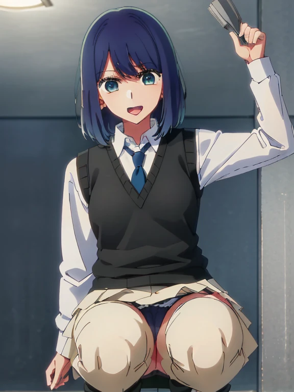 Beautiful lighting, One Girl, solo, Akane, White shirt, (((skirt)))，Sweater vest, Black vest, Blue tie, ((Anime Style))、((2D))、Laughter、Open your mouth、Look forward，((Cotton panties with crotch))，(((skirtめくり, I can see your pants)))，squat，From below，squat，...