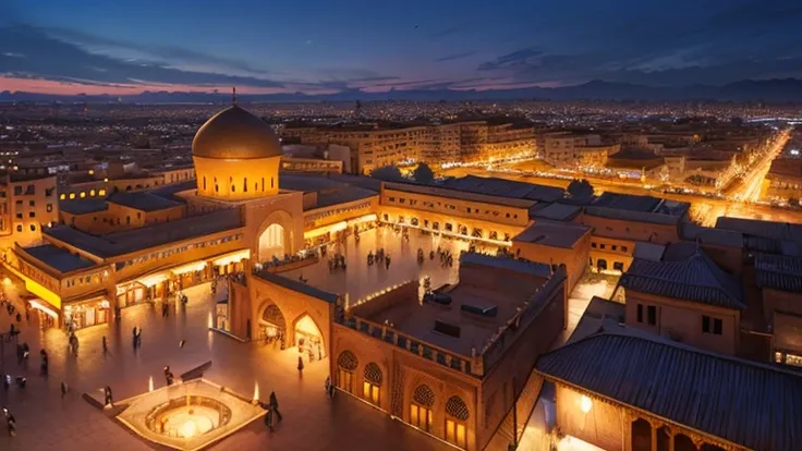 4k resolution picture, ultra realistic picture, Marrakech city, a huge mosque with dome on top, night time, entire market area views, shops everywhere, Moroccan architectures, 