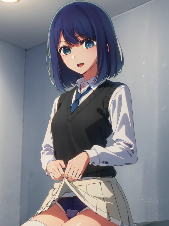 Beautiful lighting, One Girl, solo, Akane, White shirt, (((skirt)))，Sweater vest, Black vest, Blue tie, ((Anime Style))、((2D))、Laughter、Open your mouth、Look forward，((Cotton panties with crotch))，(((skirtめくり, I can see your pants)))，squat，From below，squat，...