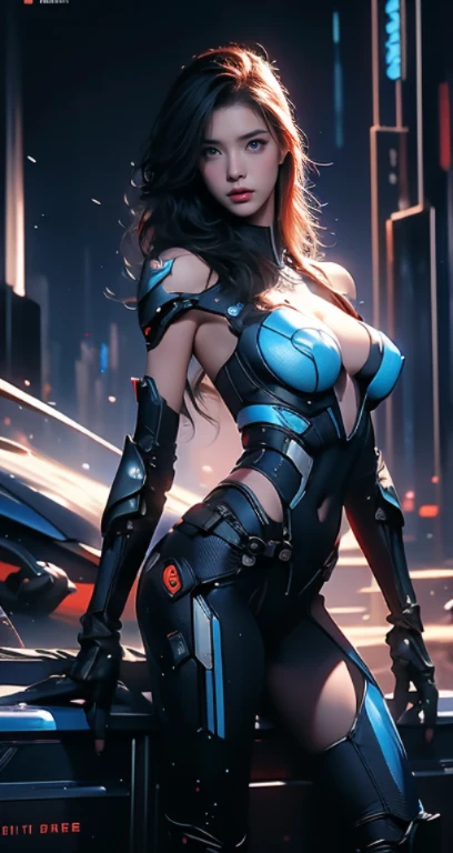 Realistic picture 8k,Masterpiece,Highest quality,Maximum details,anatomy,hips up,Complete dynamic composition,Bright natural light that is easy on the eyes,1 girl,alone,cyberpunk robot,blue body,There are neon lights on the machinery.,Body Machinery,