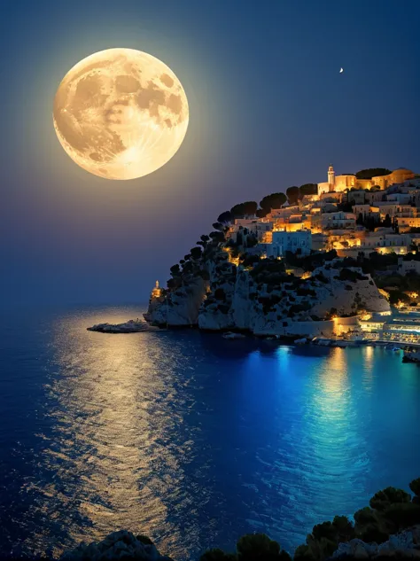 romantic aegean sea，(côte d'azur:1.3)，night，backlight，(1对情侣坐在côte d'azur的树枝上:1.4)，there is a big full moon behind，alexander，aver...