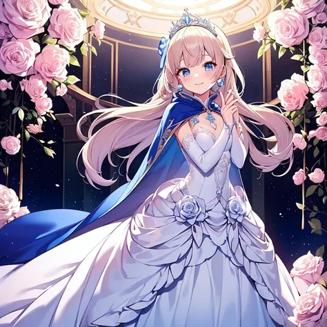 kawaii, best quality,(long train blue cape:1.1),(long train white ball gown with flowers:1.1), a girl is wearing a cape over her dress, anime style, rococo style, little princess, tiara, kind smile, very long hair, small breast, beautiful detailed eyes, be...