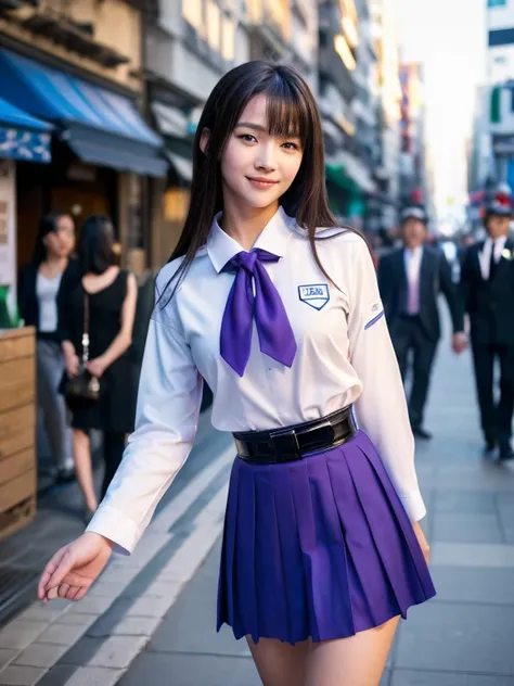 (masterpiece, highest quality:1.4), (whole body), (Are standing:1.2), (Sexy pose:1.5), One girl, alone, Inoue Check, Long Hair, bangs, Black Hair, (Purple eyes:1.2), Break Shirt, Long sleeve, dress, ribbon, , White shirt, Collared shirt, belt, neck ribbon,...