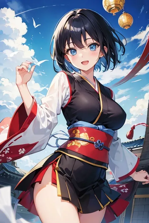 Japanese high-quality anime style,1girl, blue eyes, solo,  ornament, looking at viewer, black hair, smile, open mouth, breasts, short hair, 