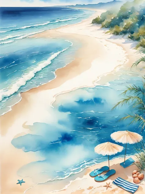 Envision a serene picturesque beach scene, captured in the soft and fluid painting style associated with watercolor artistry. In the foreground, soft golden sand is scattered with an assortment of seashells of various shapes and sizes. A beach towel, a sun...