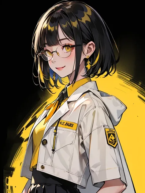 Standing against a background of black and yellow hair, 1 girl, One Girl(1:2)、 smile、Compensate、Red cheeks、short hair, Yellow Skirt, shirt, Black Hair, tie, ((doctor))、Private room、doctor style、((White coat long coat type))、Glasses, white shirt, Yellow Eye...