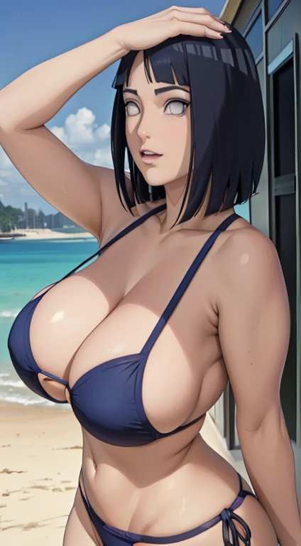 (masterpiece), best quality, perfect face, beach background, beach bikini and penty, short dark blue hair, looking at viewers, big breast , looking at viewers, front facing, front view, happy face, perfect shaped beautiful body, ultra realistic detailed wh...