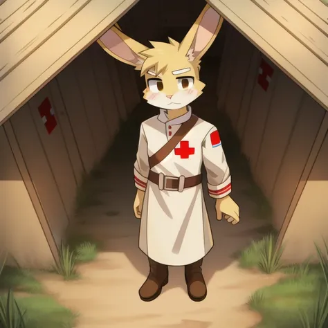 solo, male, rabbit, yellow colored fur, lean body, anthropomorphic rabbit, beige uniform, white armband with red cross, dried out eyes, field medic, beige uniform, dirty environment, trench warfare 