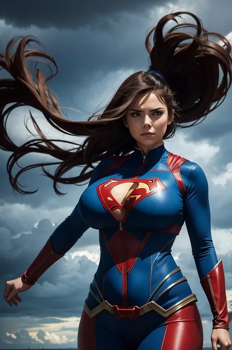 The image features a woman dressed in a blue and red superhero costume, standing confidently in front of a stormy sky. She appears to be a powerful and fearless character, ready to face any challenges that come her way. The womans hair is blowing in the wi...