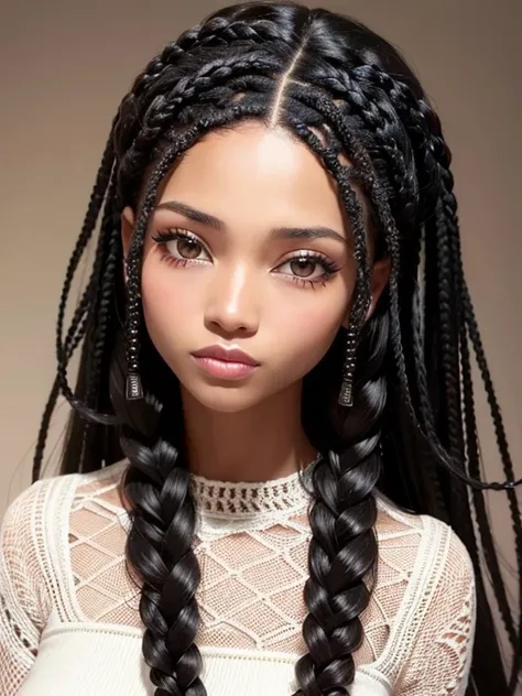 A refined description of the scene you described:

A black woman with hair braided in an intricate and elegant style is depicted in a stunning scene. Your braided hair displays a variety of patterns and textures, demonstrating skill and art in creating the...