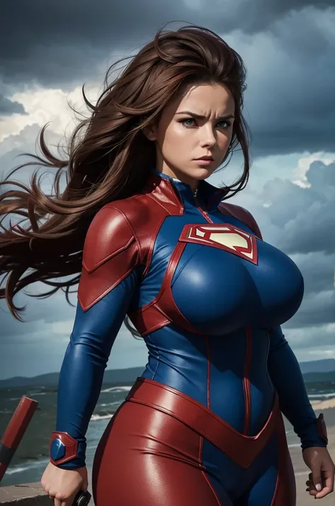 The image features a woman dressed in a blue and red superhero costume, standing confidently in front of a stormy sky. She appears to be a powerful and fearless character, ready to face any challenges that come her way. The womans hair is blowing in the wi...