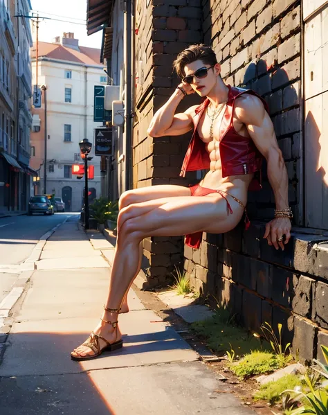 HD quality, high definition, male 18 years old handsome, muscular and slim, red lips, leaning against the wall in the street, wearing thong, , model with bracelets, earrings and Necklace, wearing open vest, with sunglasses, fully nude and naked body, eyebr...