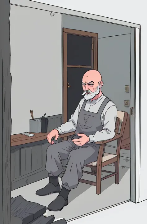 (best quality:0.8) 1 oldman with beard, perfect anime illustration, with bald grey hair, sitting inside house, wearing a farmer dress and pants, HDR