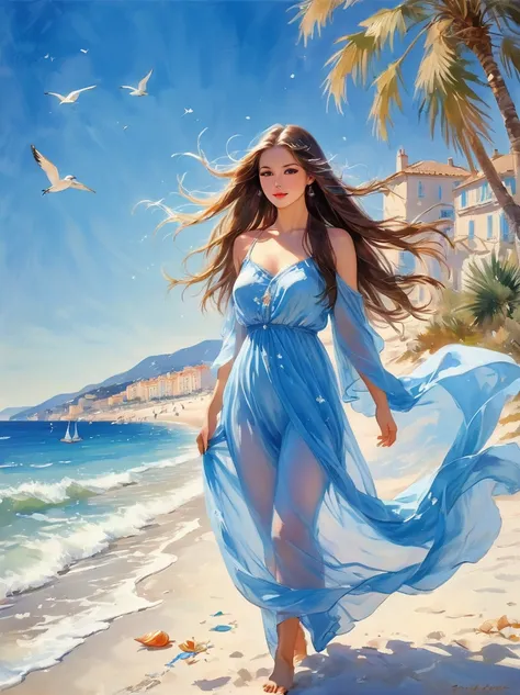 Beautiful woman with long flowing hair and white gauze，Relax on the beaches of the picturesque French Riviera，The white sandy beach blends perfectly with the clear blue sea，nearby，Colorful shells scattered randomly，Tall, sturdy palm trees sway gently again...