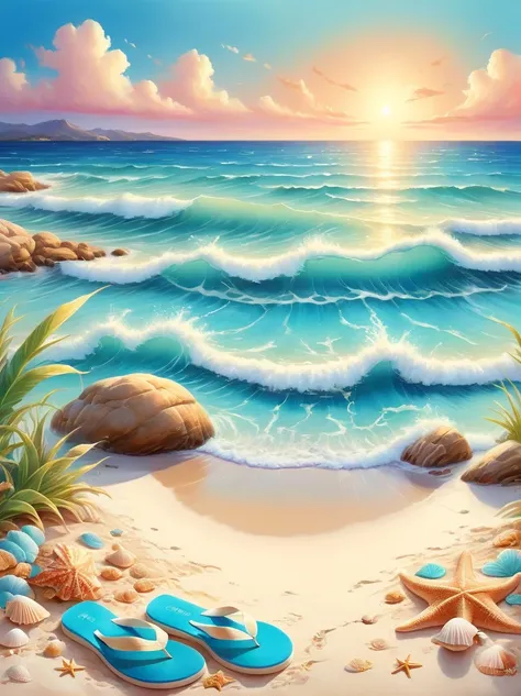 Envision a serene picturesque beach scene, captured in the soft and fluid painting style associated with watercolor artistry. In the foreground, soft golden sand is scattered with an assortment of seashells of various shapes and sizes. A beach towel, a sun...