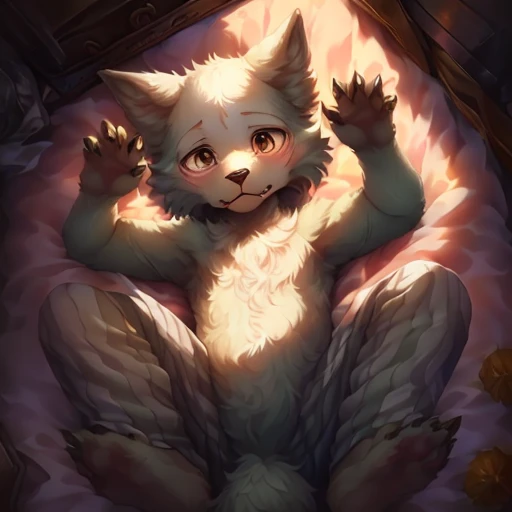 masterpiece, highest quality,  (Perfect Face:1.1), (Attention to detail:1.1), (Ultra-detailed eyes), dramatic,fluffy,baby,On the bed,Lying on your back,Full body fur,boy,Wolf,baldness,baldness,baby,claw pose, from above,Spread your legs,(((((character　BEAS...