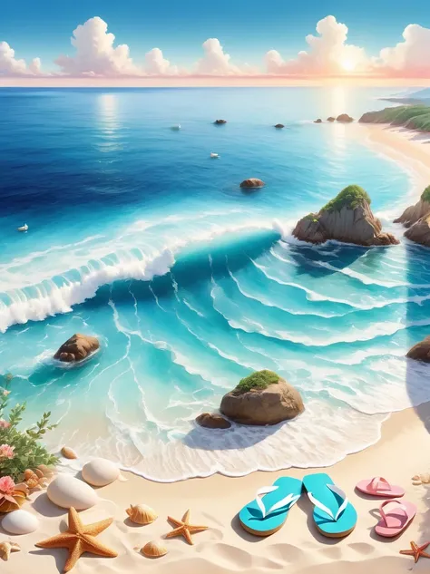 Imagine a peaceful and picturesque beach scene，Captured in the soft, flowing style associated with watercolor art。In the foreground，The soft golden sand is scattered with shells of various shapes and sizes。A beach towel、A sun hat and a pair of flip-flops，L...