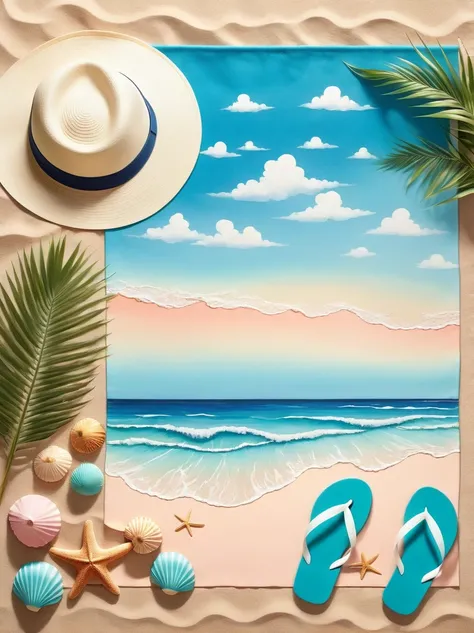 Imagine a peaceful and picturesque beach scene，Captured in the soft, flowing style associated with watercolor art。In the foreground，The soft golden sand is scattered with shells of various shapes and sizes。A beach towel、A sun hat and a pair of flip-flops，L...