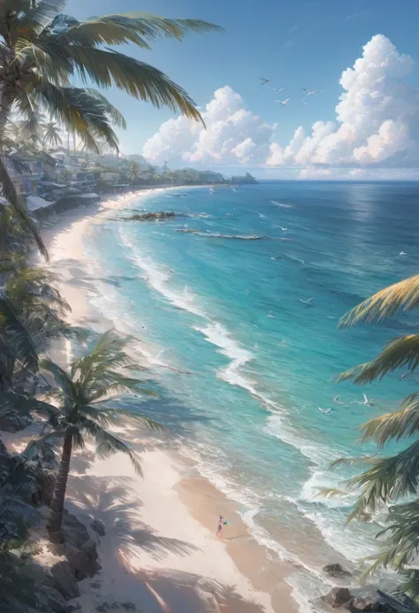 Blue Coast, a beautiful coastline overlooking the deep blue ocean, sandy beaches and crashing waves, palm trees swaying in the gentle breeze, clear blue skies with fluffy white clouds, a lone sailboat in the distance, sparkling sunlight reflecting on the w...