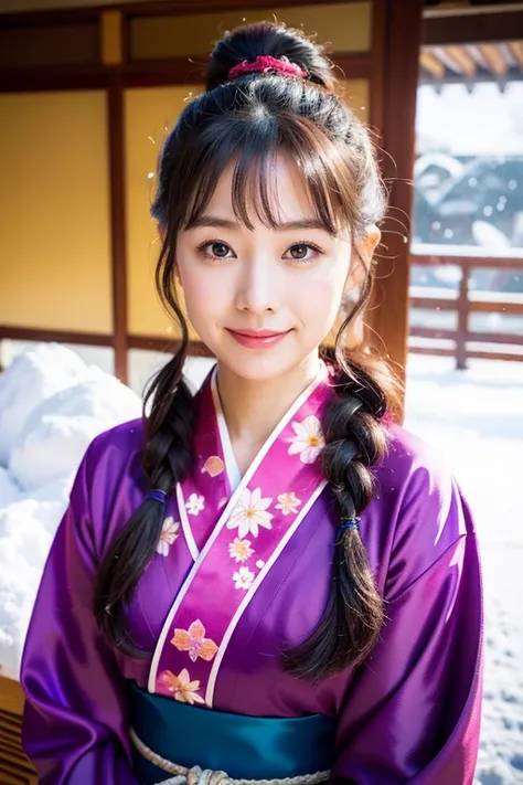 Bright purple Japanese kimono , Big eyes, A masterpiece, an absolute beauty, 1 female, close. close, Healing Smile, Snow Scene, 4K quality, Twisted braid, princess hair style princess cut, simple hair accessories, Plum blossom, people々Once you see it, you ...