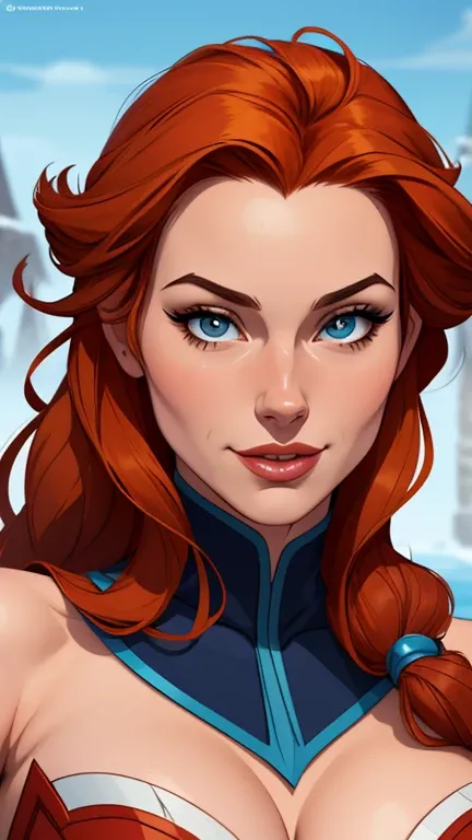 Beautiful portrait mode pose Cartoon character character in dynamic pose two women together redhead Queen Anna of Arendelle redhead with 1,60cm on the left and along with a symmetrical body with corset and beautiful breasts, corpo bem definido, delicado e ...