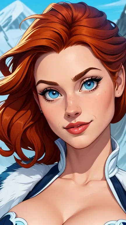 Beautiful portrait mode pose Cartoon character character in dynamic pose two women together redhead Queen Anna of Arendelle redhead with 1,60cm on the left and along with a symmetrical body with corset and beautiful breasts, corpo bem definido, delicado e ...