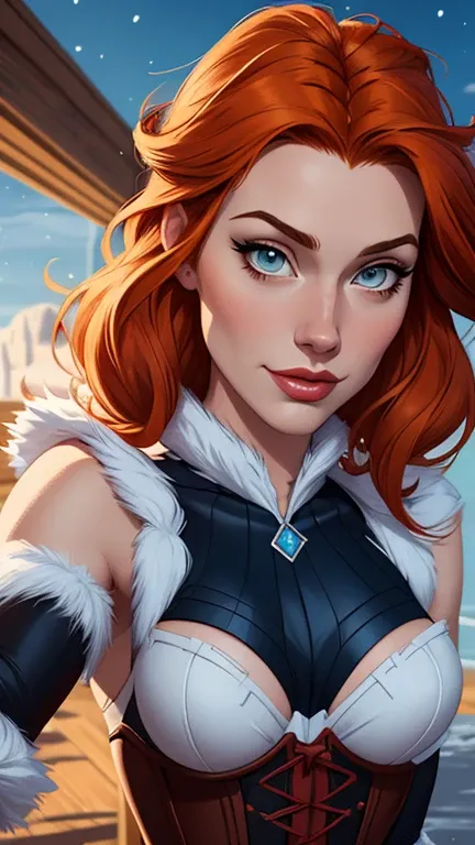 Beautiful portrait mode pose Cartoon character character in dynamic pose two women together redhead Queen Anna of Arendelle redhead with 1,60cm on the left and along with a symmetrical body with corset and beautiful breasts, corpo bem definido, delicado e ...