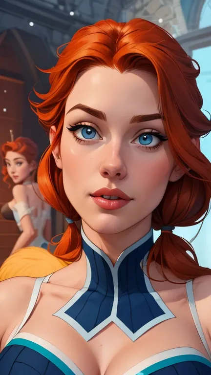 Beautiful portrait mode pose Cartoon character character in dynamic pose two women together redhead Queen Anna of Arendelle redhead with 1,60cm on the left and along with a symmetrical body with corset and beautiful breasts, corpo bem definido, delicado e ...