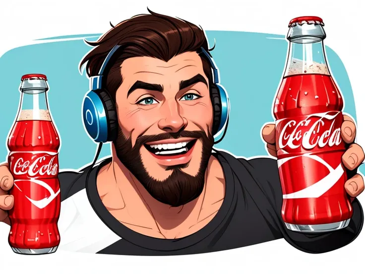 Man with beard Cartoon style digital illustration with happy expression wearing Cartoon style headphones drinking a Coca Cola 