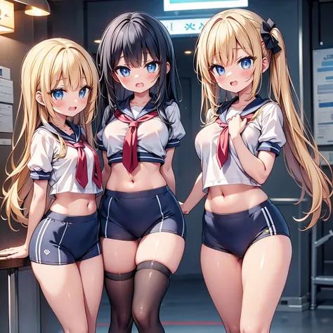 (cute eyes:1.2), (sparkling eyes:1.2), highest quality,wonderful,finely,extremely detailed CG Unity 8K wallpaper, (Stand in line:1.2), (3 girls, clothed), (gym uniform:1.1), (navy bloomers:1.1), (midriff peek:1.2), (midium breasts), (open mouth:1.1), (long...