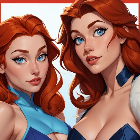 Beautiful portrait mode pose Cartoon character character in dynamic pose two women together redhead Queen Anna of Arendelle redhead with 1,60cm on the left and along with a symmetrical body with corset and beautiful breasts, corpo bem definido, delicado e ...