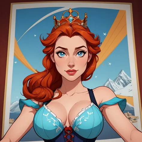 Beautiful portrait mode pose Cartoon character character in dynamic pose two women together redhead Queen Anna of Arendelle redhead with 1,60cm on the left and along with a symmetrical body with corset and beautiful breasts, corpo bem definido, delicado e ...