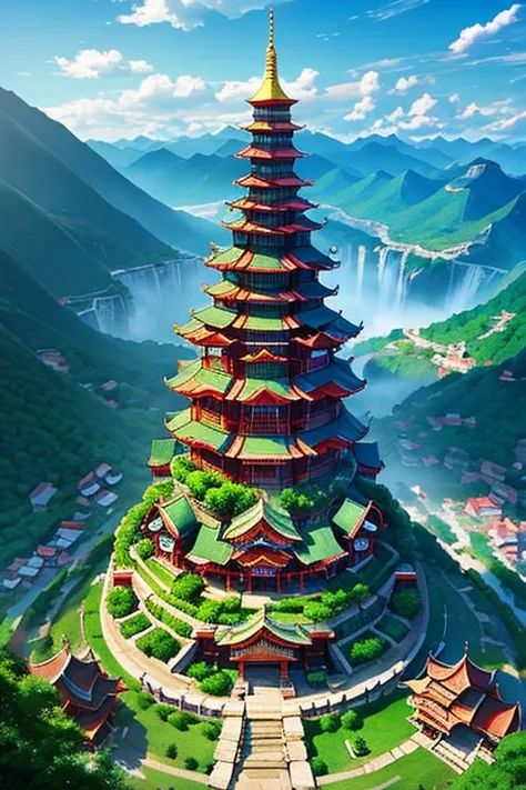 2. Mountain view with waterfall and temple in the middle, The scene drawn by Han Gan, CG Community Contest Winner, Imagination art, A dreamy Chinese city, Chinese landscape, Chinese Fantasy, Made of trees and fantasy valley, View of the old city, Request a...