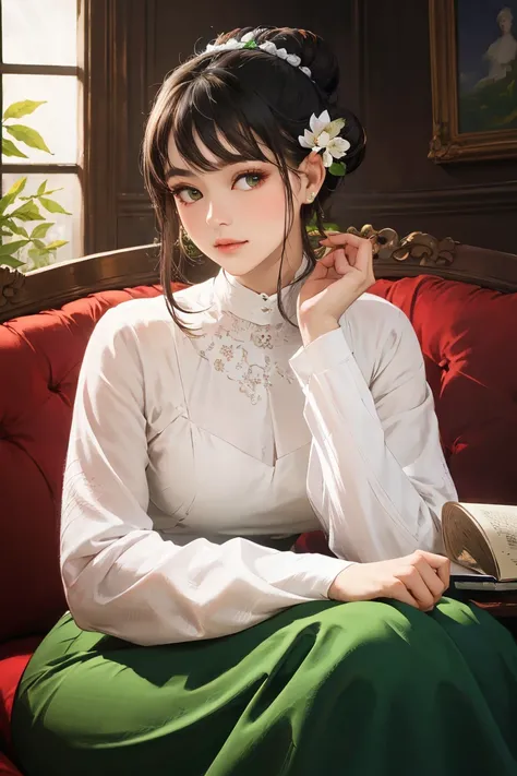 A mesmerizing portrait of an elegant woman with a graceful hair bun adorned with a delicate jasmine flower, captivating the viewer with her enchanting gaze amidst the serene ambiance of a grand library. Masterfully crafted, high-resolution digital painting...