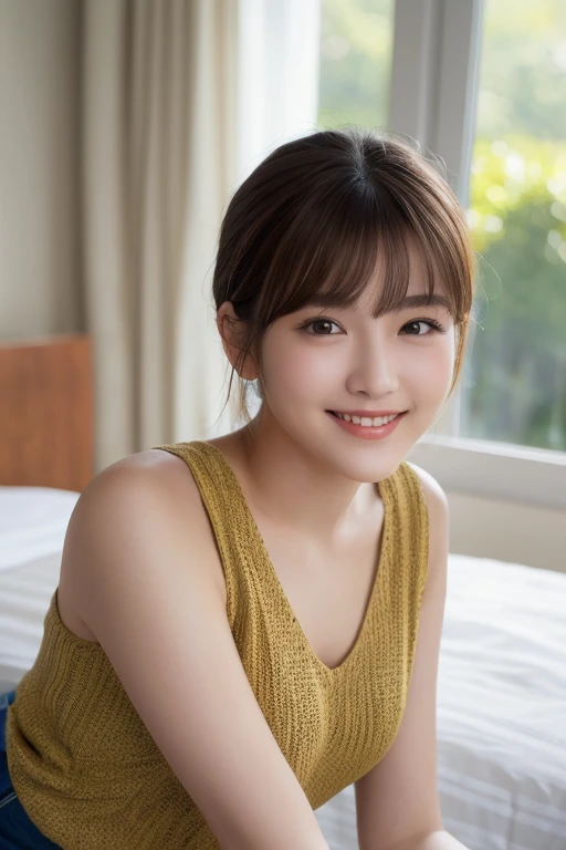 (Highest quality: 1.5), (Realistic: 1.5), (1 person: 1.5), Very detailed, fine, high resolution, 8k wallpaper, perfect dynamic composition, small breasts, natural colored lips, cute smile, Japan A woman, 20 years old girl, beautiful and exquisite face, per...