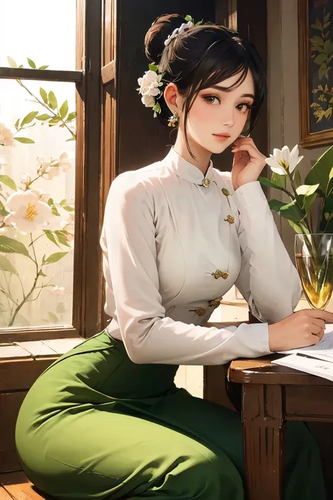 A mesmerizing portrait of an elegant woman with a graceful hair bun adorned with a delicate jasmine flower, captivating the viewer with her enchanting gaze amidst the serene ambiance of a grand library. Masterfully crafted, high-resolution digital painting...