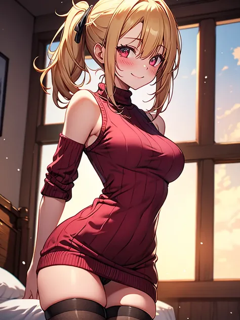 (highest quality, High resolution, perfect pixel, Depth of bounds written, 4K), bed, from side, (cowboy shot), (armpit focus), detailed eyes, (1 lady), tall, slim, perfect body, large breasts, side boob, blond hair, (side ponytail:1.2), (burgundy virgin ki...