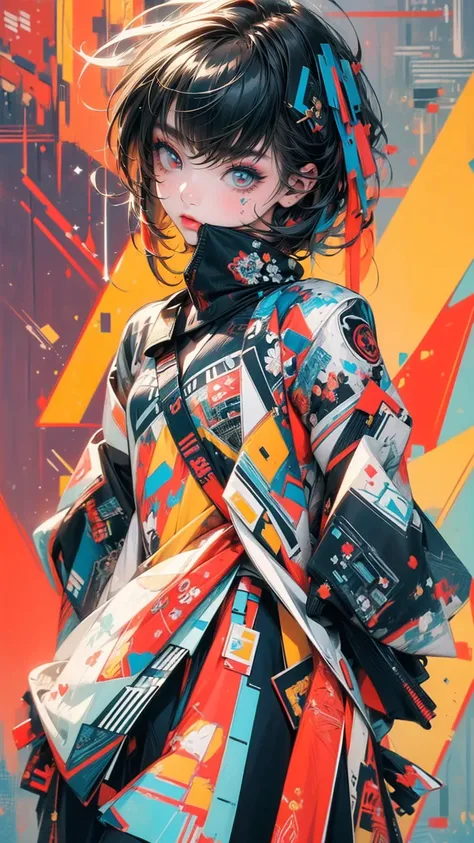 ((masterpiece, High resolution, highest quality, Attention to detail)), 20-year-old female, Upper Body, Avant-garde makeup, Grunge Fashion, abstract design, artistic juxtapositions, A fluid fusion of abstract art, Maximalism art style, Geometric art style,...