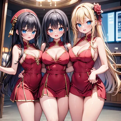 (cute eyes:1.2), (sparkling eyes:1.2), highest quality,wonderful,finely,extremely detailed CG Unity 8K wallpaper, (Stand in line:1.2), (3 girls, clothed), (red china dress:1.1), (midium breasts), (open mouth:1.1), (long tongue:1.1), (mouth drool:1.1), (bla...